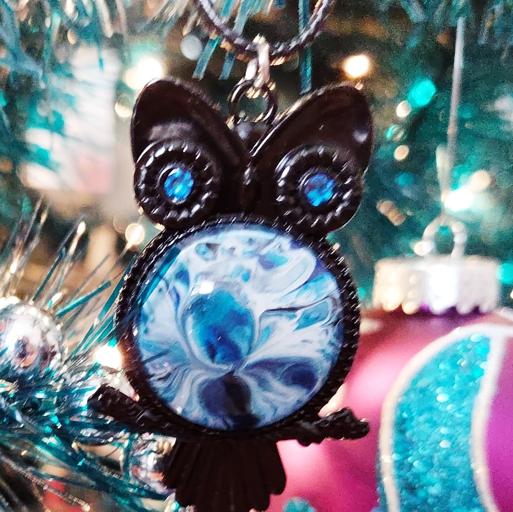 Handcrafted New Pour Painted Owl with Swarovski Blue Eyes